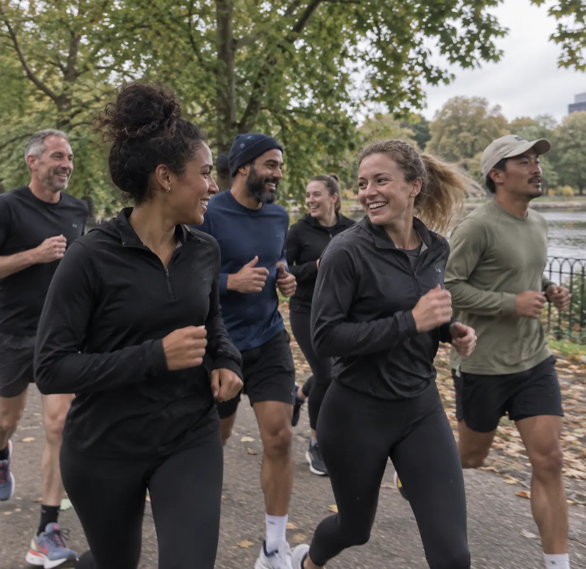 A running group on a path beside the lake